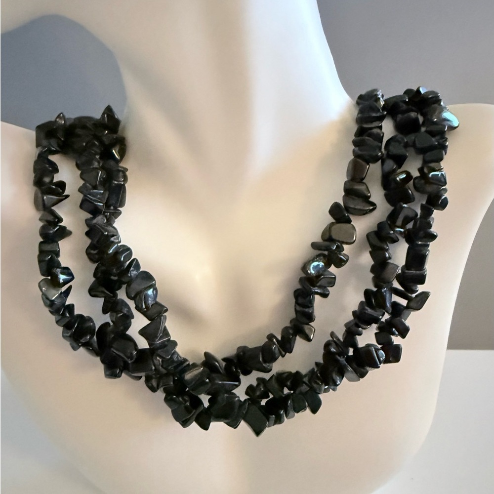 Chic Natural Black Gemstone Triple Strand Necklace Y2K